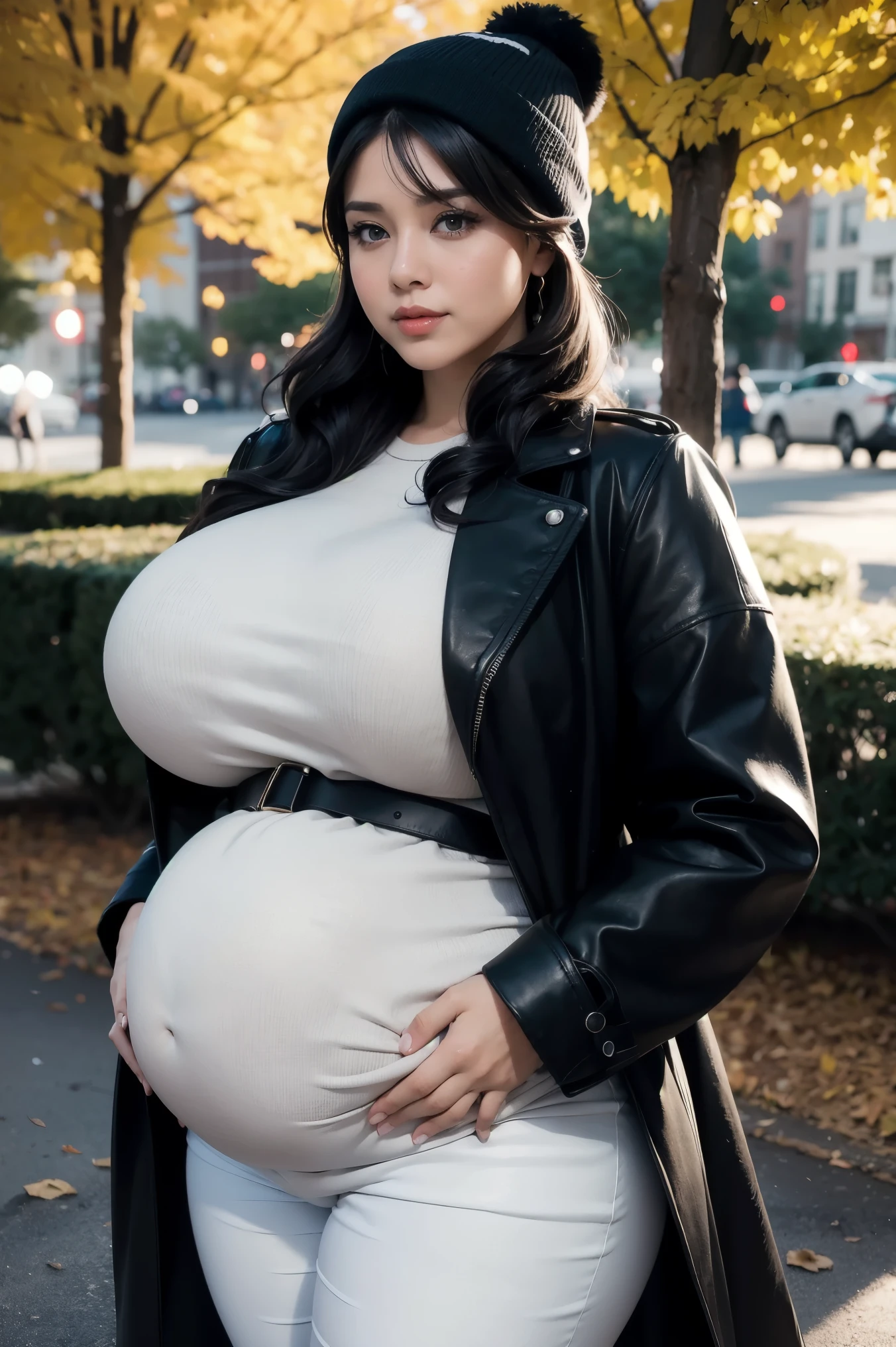 Beautiful sensual woman with a curvy body, black hair, bangs, twintail, widest waist, fitting breasts, curvy huge pregnant, 40 weeks pregnant, pregnant with triplets, accentuated booty, sparkling olive-green eyes, long eyelashes, thick thighs, Strong calves, smirk, taniaayusiregar, She wears a black wool Coat, white jeans, brown belt, black beanie, she waits in a park, photorealistic, Masterpiece, bokeh, Volumetric lighting, Fall season atmosphere