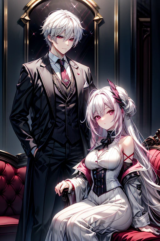 A white haired man with red eyes is sitting with a pink haired woman with violet eyes with an hourglass figure
