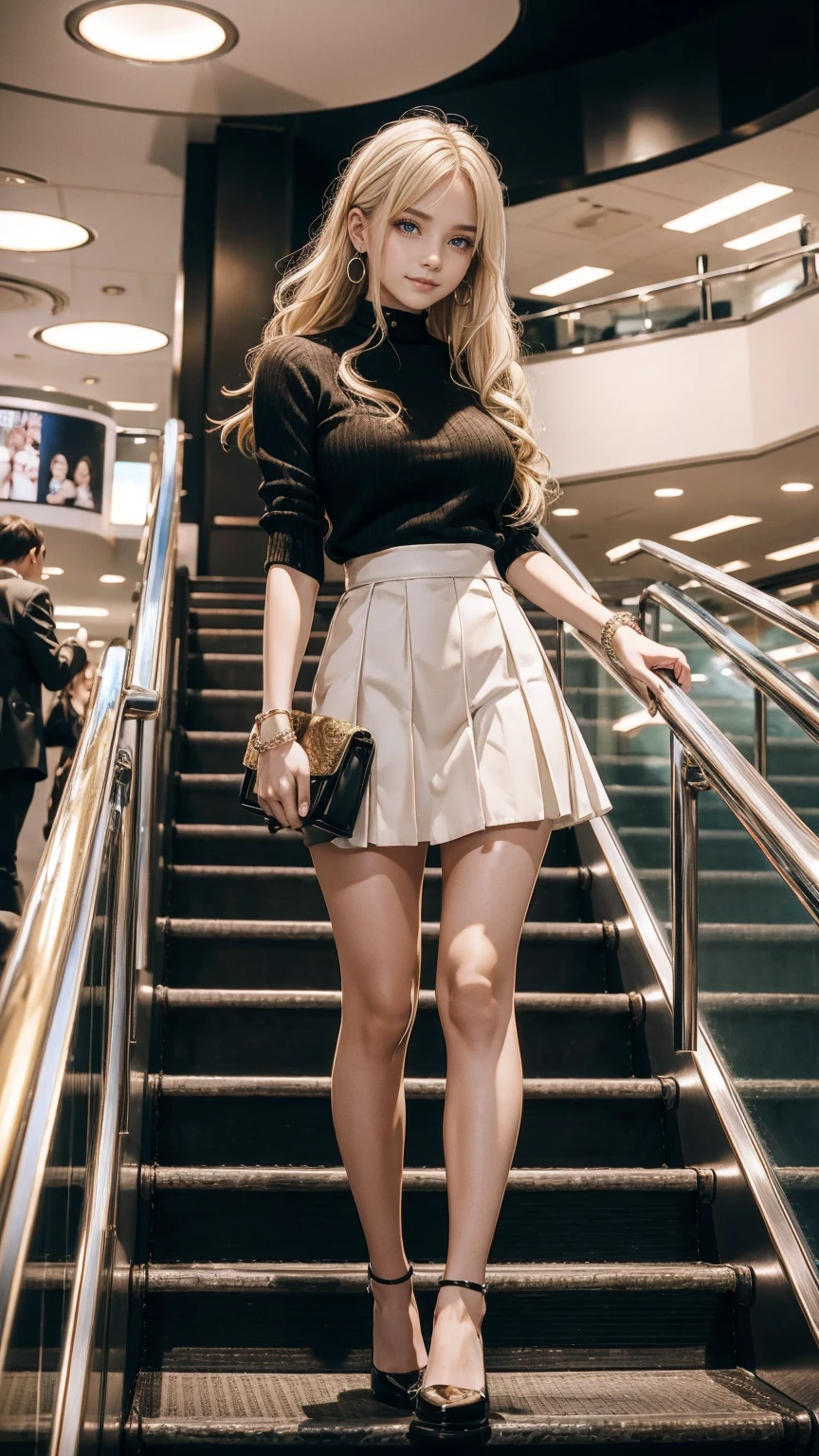 highest quality、masterpiece、ultra high resolution、22 year old white female、hair color is blonde、medium long hair、my hair is wavy、Eye color is blue、setting hair、accessories on wrist、wearing manicure、I'm wearing a choker、I'm wearing earrings、skin is smooth、Slender but muscular body、My heart is pounding、high resolution、wearing a high neck sweater、I'm wearing a mini-length pleated skirt、I have a clutch bag、wearing high heels、Riding an escalator in the atrium of a shopping center、smile