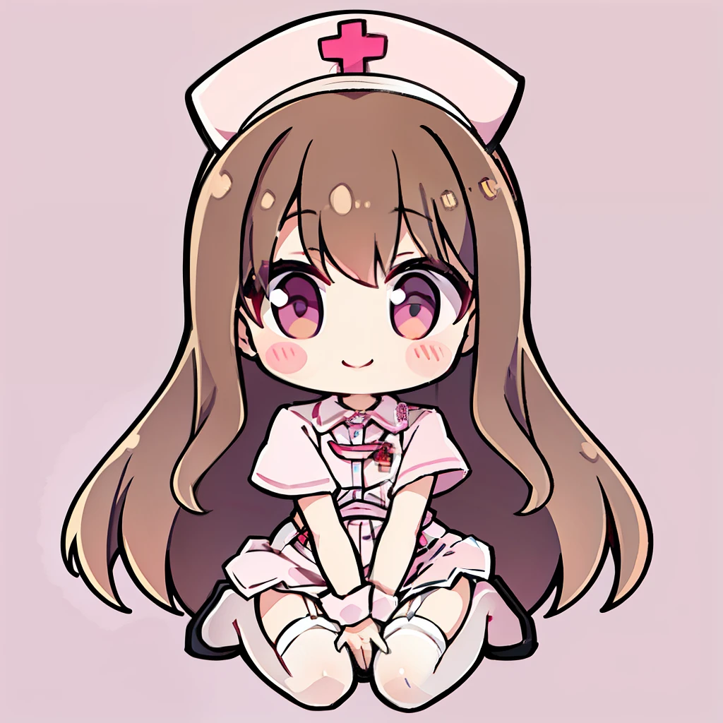 muste piece、super detailed、High quality、masterpiece、highest quality, 1 girl, light brown hair:1.5、wavy long hair、brown eyes、alone、kneel、sexy nurse uniform、garter belt、garter stockings、cross mark nurse cap、bewitching smile、{{pink background、 background:1.8}}、Full body Esbian、icon、