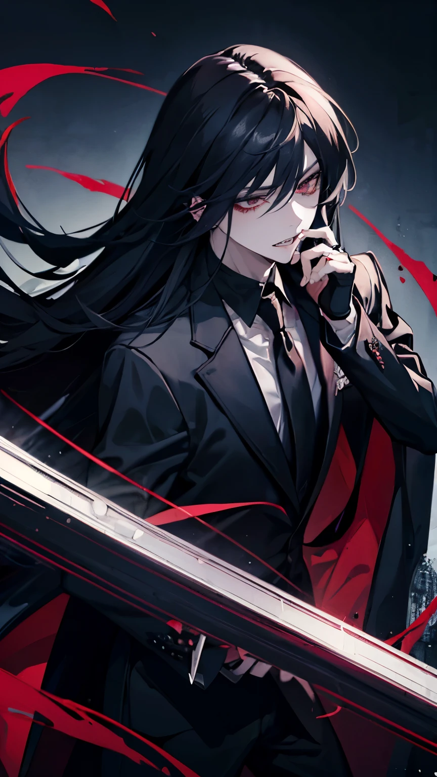 masterpiece, good quality, black hair, short hair, long ponytail hairstyle, tailcoat, group, Red eyes, Looks sideways, A gun, battlefield, decorations, earrings, 1 man, adult man, short beard