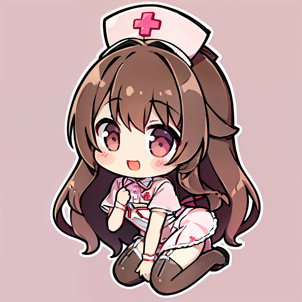 muste piece、super detailed、High quality、masterpiece、highest quality, 1 girl, light brown hair:1.5、wavy long hair、brown eyes、alone、kneel、sexy nurse uniform、garter belt、garter stockings、cross mark nurse cap、bewitching smile、{{pink background、 background:1.8}}、Full body Esbian、icon、