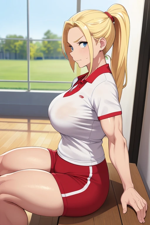 Blonde teacher's, Gym clothes, polo shirt, small golden circular earring, neckline, red shorts, ponytail hair, big breasts, huge breasts, defined body, muscles, muscle body, locker room, worried face, friendly face, sitting on a wooden bench, ((extreme quality)), ((8K)), (((artwork)), ((masterpiece)),head turns to the viewer, view from side