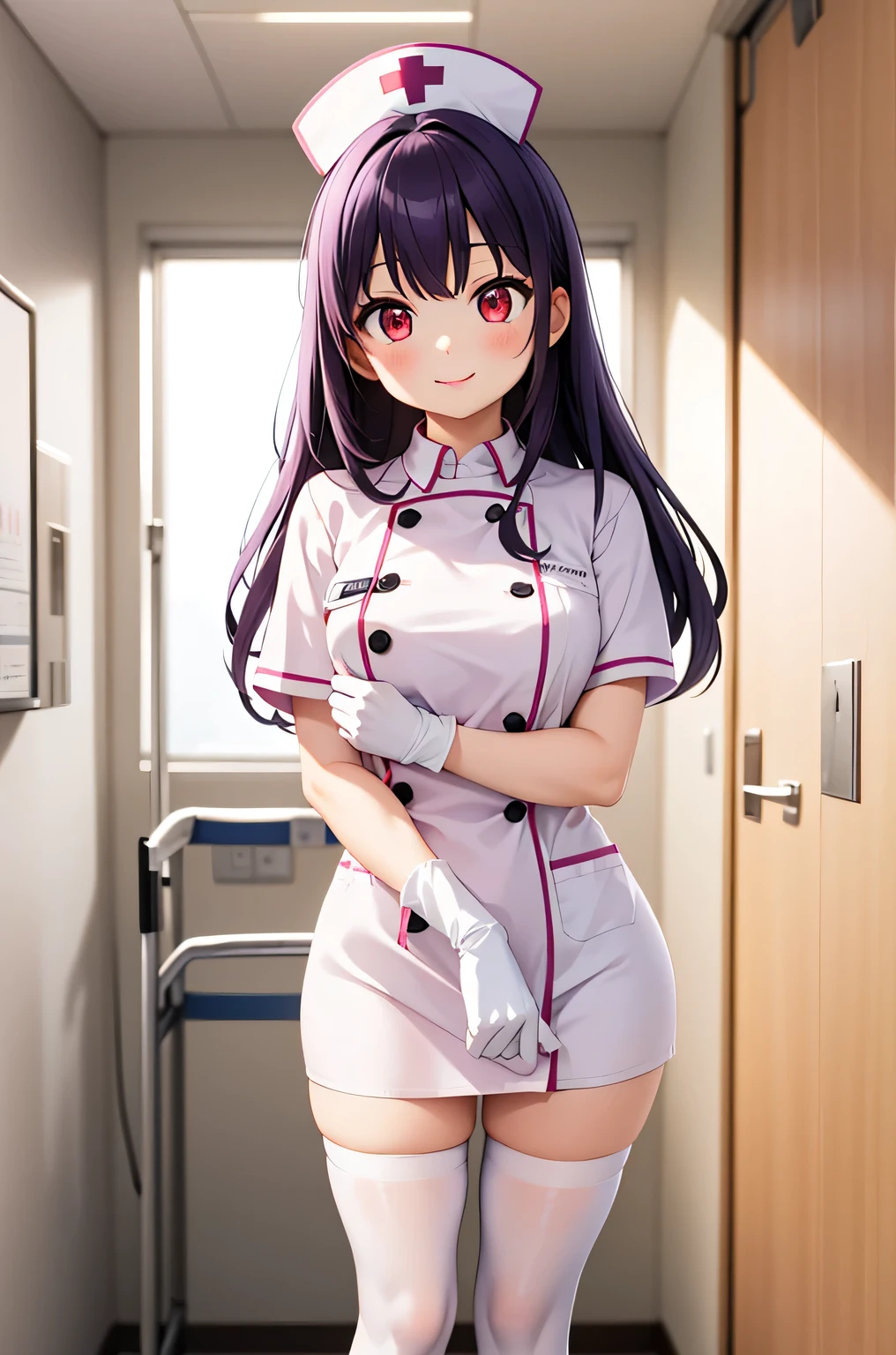 1 female, alone, nurse, nurse cap, Whiteware, ((white legwear, zettai ryouiki)), white gloves, long hair, purple hair, red eyes, pink lips, smile, Are standing, ((hospital room)), sharp outline, short sleeve, mature woman, 35 years old, highest quality, masterpiece