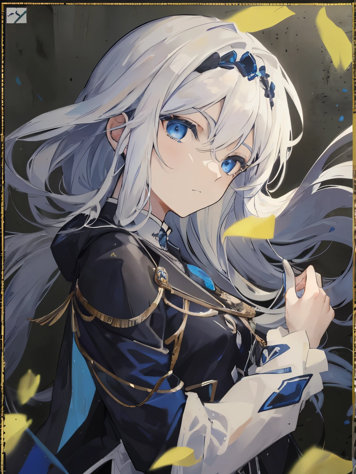 a close up of a person with long hair and a dress, white haired deity, facing front, blue eyes, black jacket, with white shirt