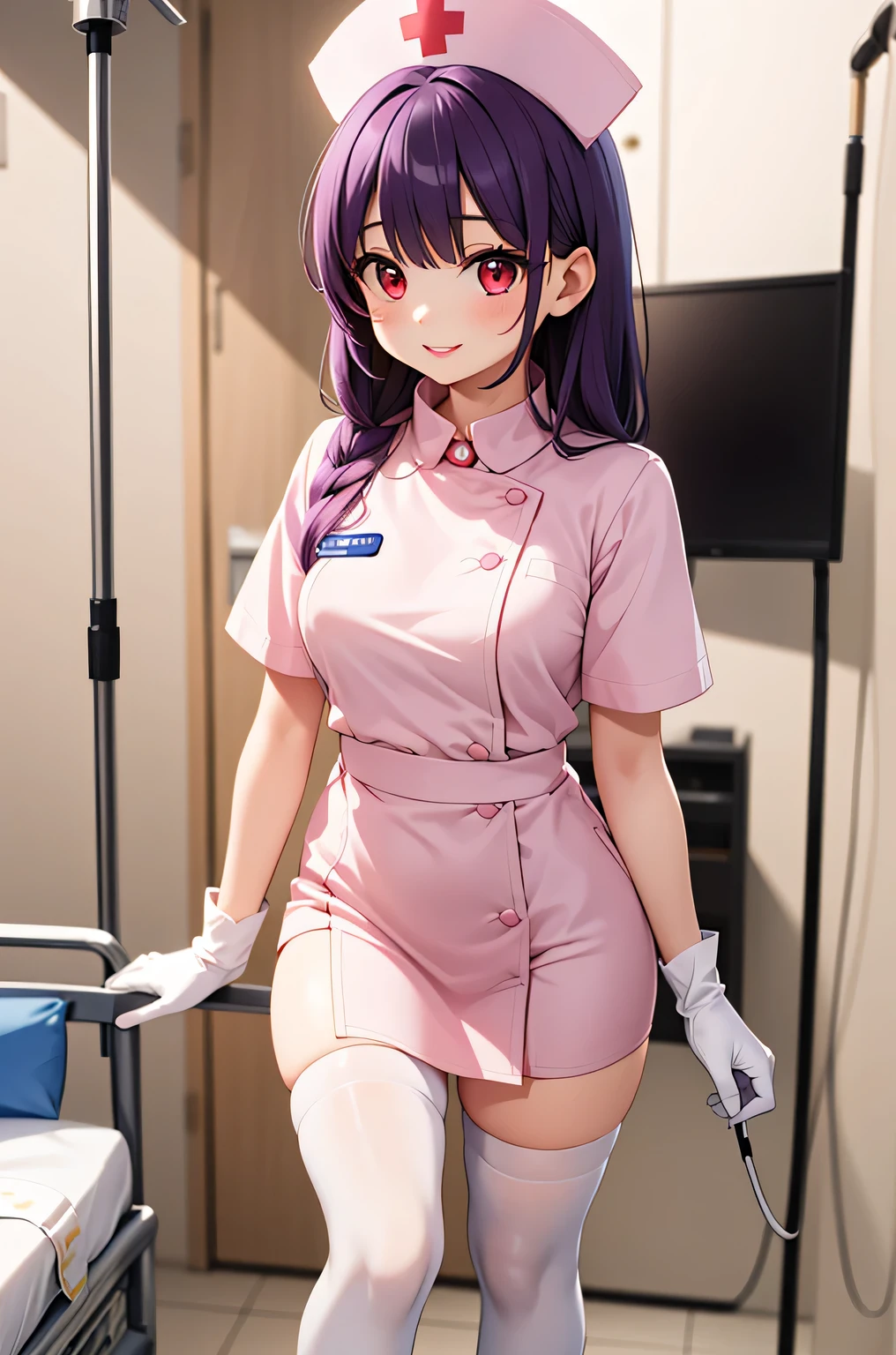 1 female, alone, nurse, nurse cap, Whiteware, ((white legwear, zettai ryouiki)), white gloves, long hair, purple hair, red eyes, pink lips, smile, Are standing, ((hospital room)), sharp outline, short sleeve, mature woman, 35 years old, highest quality, masterpiece