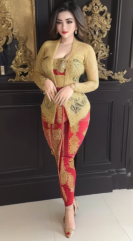 (8k, RAW photo, best quality, masterpiece:1.2),(Sharp Focus: 1.3),(Beautiful Woman with Perfect Figure: 1.4),woman, ((portrait of woman wearing kebaya ((kebaya_bali)) in traditional black long kebaya)), red lipstick, gold necklace, earrings, decoration, detail, flowers, blurred background, soft focus,SFW:1.3),(Full Body:1.7),(cute face:1.3),(big breasts:1.5),(high heels:1.3),(big hips1.4), (big thighs:1.3),(covered breasts:1.3),(bust cleavage:1.1),(lipgloss:1.3),(Cute eyes:1.3),(Red lips:1.3),(Smooth skin texture:1.3),( Precise and perfect human anatomy: 1.3),(Beautiful and perfect facial features: 1.3), (Long eyelashes: 1.3),(Red lips: 1.3),(Shiny and textured lips: 1.3),(Smooth skin texture: 1.3),(earrings: 1.3),(Beautiful detailed eyes: 1.3),(Natural Color Lips: 1.3),(Beautiful face: 1.3),(look straight into the camera:1.3),