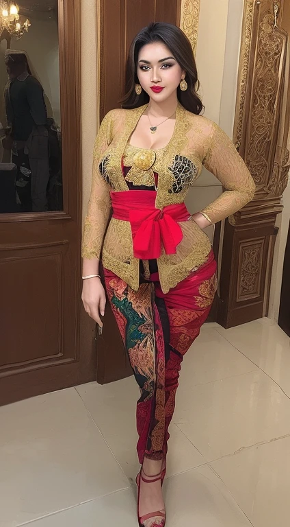 (8k, RAW photo, best quality, masterpiece:1.2),(Sharp Focus: 1.3),(Beautiful Woman with Perfect Figure: 1.4),woman, ((portrait of woman wearing ((kebaya_bali)) in traditional black long kebaya)), red lipstick, gold necklace, earrings, decoration, detail, flowers, blurred background, soft focus,SFW:1.3),(Full Body:1.7),(cute face:1.3),(big breasts:1.5),(high heels:1.3),(big hips1.4), (big thighs:1.3),(covered breasts:1.3),(bust cleavage:1.1),(lipgloss:1.3),(Cute eyes:1.3),(Red lips:1.3),(Smooth skin texture:1.3),( Precise and perfect human anatomy: 1.3),(Beautiful and perfect facial features: 1.3), (Long eyelashes: 1.3),(Red lips: 1.3),(Shiny and textured lips: 1.3),(Smooth skin texture: 1.3),(earrings: 1.3),(Beautiful detailed eyes: 1.3),(Natural Color Lips: 1.3),(Beautiful face: 1.3),(look straight into the camera:1.3),neon lights