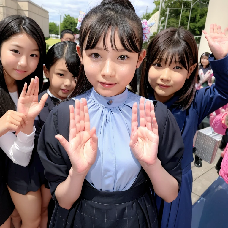 Large number of people、lined up、brainwashed、small head mechanism、Raise your right hand and salute、 girl、たくさんの10 year old gi