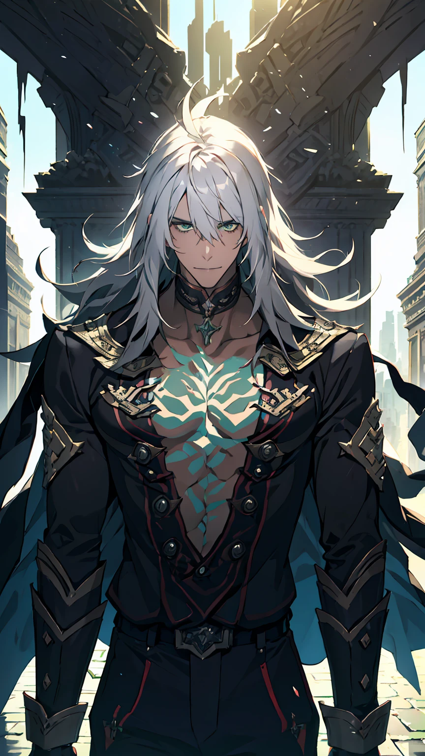Upper body,silent smile,ung man,solo,male photo, stare into the distance,gray hair,long hair,green eyes,(best quality:1.2),(masterpiece:1.2),(ultra-detailed),vivid colors,sharp focus,moolight,studio lighting,confident expression,stylish,at the ruins