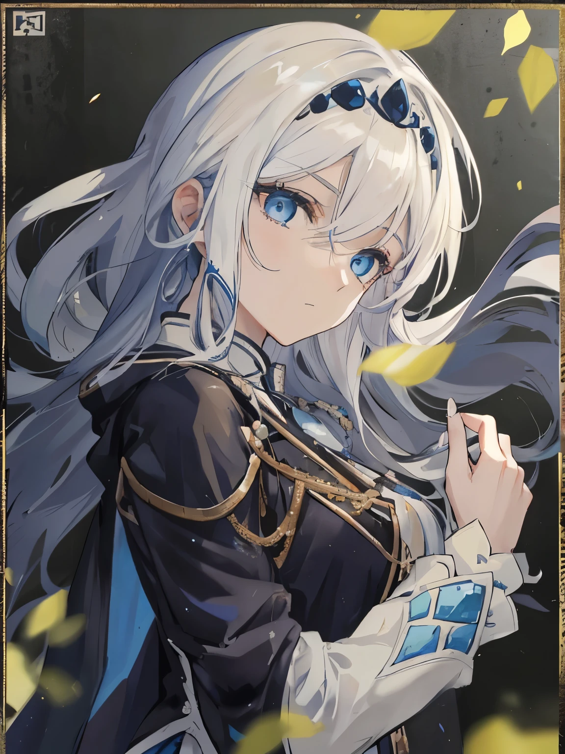 a close up of a person with long hair and a dress, white haired deity, facing front, blue eyes, black jacket, with white shirt 