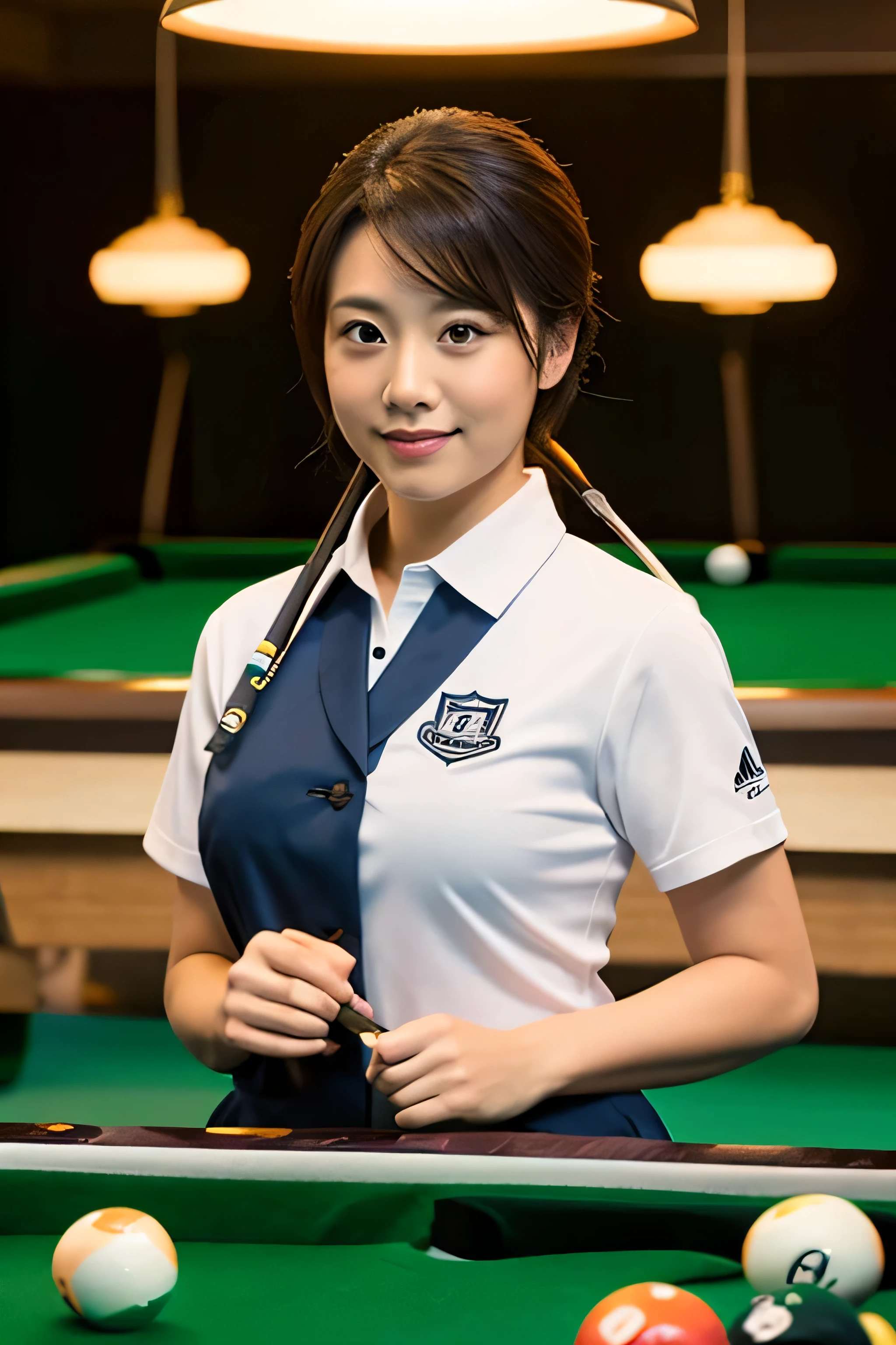 woman posing for a photo,(billiards_uniform:1.3), good hand,4K, High resolution, masterpiece, highest quality, head:1.3,((hasselblad photography)), fine skin, sharp focus, (cinematic lighting),1 female breast, Overweight, extremely fat, Chubby, Japanese, clavicle, night, soft lighting, dynamic angle, [:(detailed face:1.2):0.2],(((Inside the billiards field))), outside,