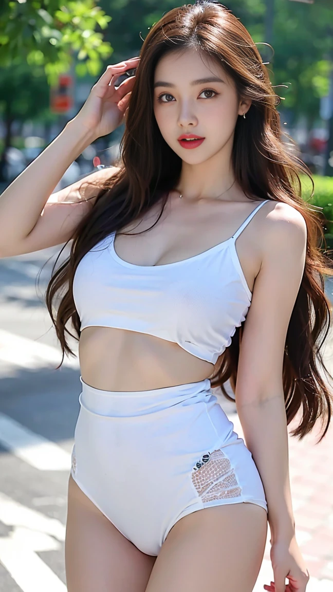"Top CG, the highest picture quality, masterpiece, delicate and delicate Bishōjo, ((185cm beautiful woman)), (tall and tall), imperial sister, queen temperament, white skin, exposed chest, long legs, perfect facial features, bright eyes, red lips, beautiful and cold, (big breaks) ), delicate luminous eyes, exposed navel clothes, white leather clothes, tight leather clothes, 4k picture quality, Cosmo Lady, modern city, realistic portraits,