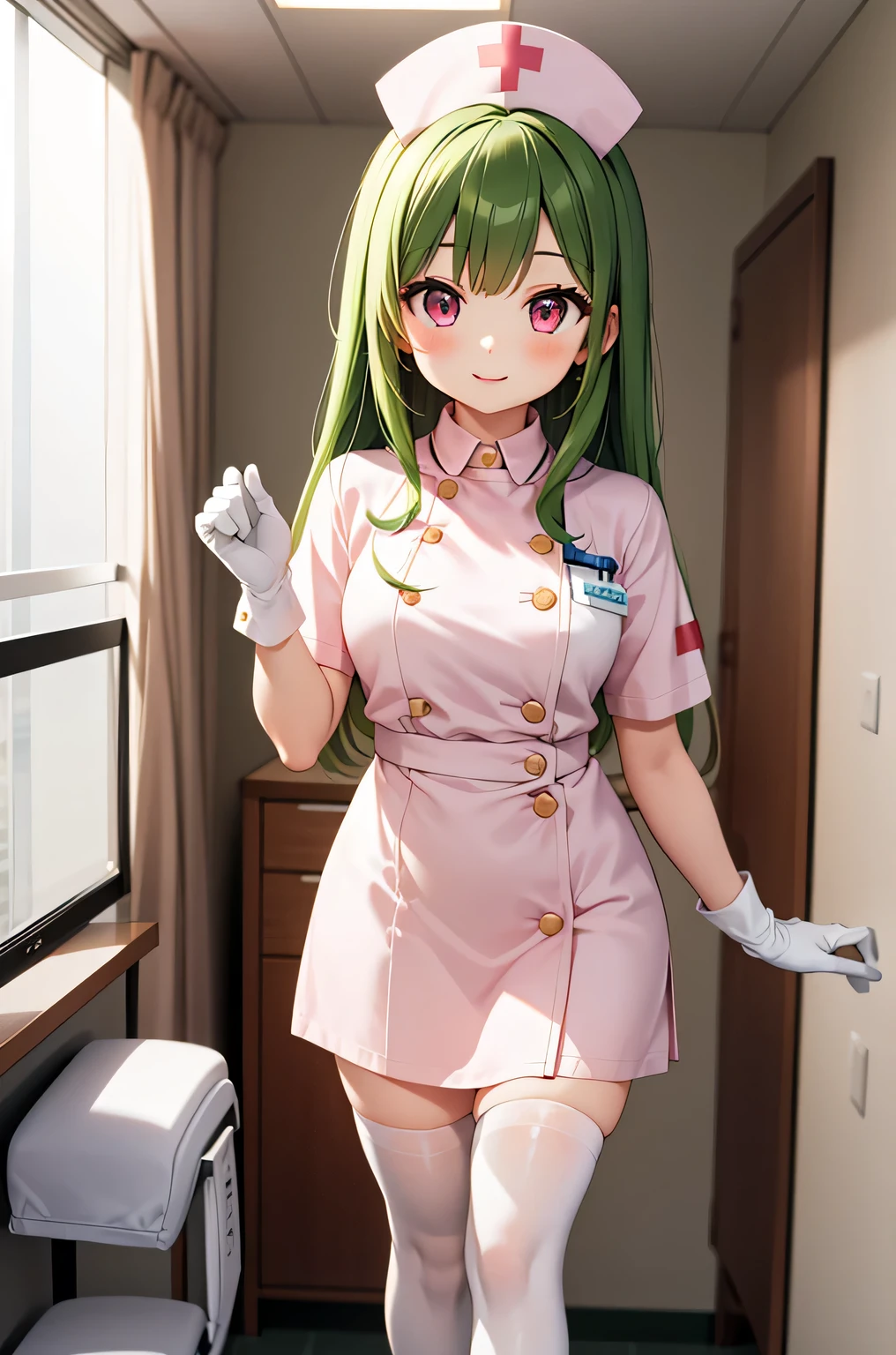 1 female, alone, nurse, nurse cap, Whiteware, ((white legwear, zettai ryouiki)), white gloves, amount, long hair, green hair, pink eyes, pink lips, smile, Are standing, ((hospital room)), sharp outline, short sleeve, mature woman, 35 years old, highest quality, masterpiece