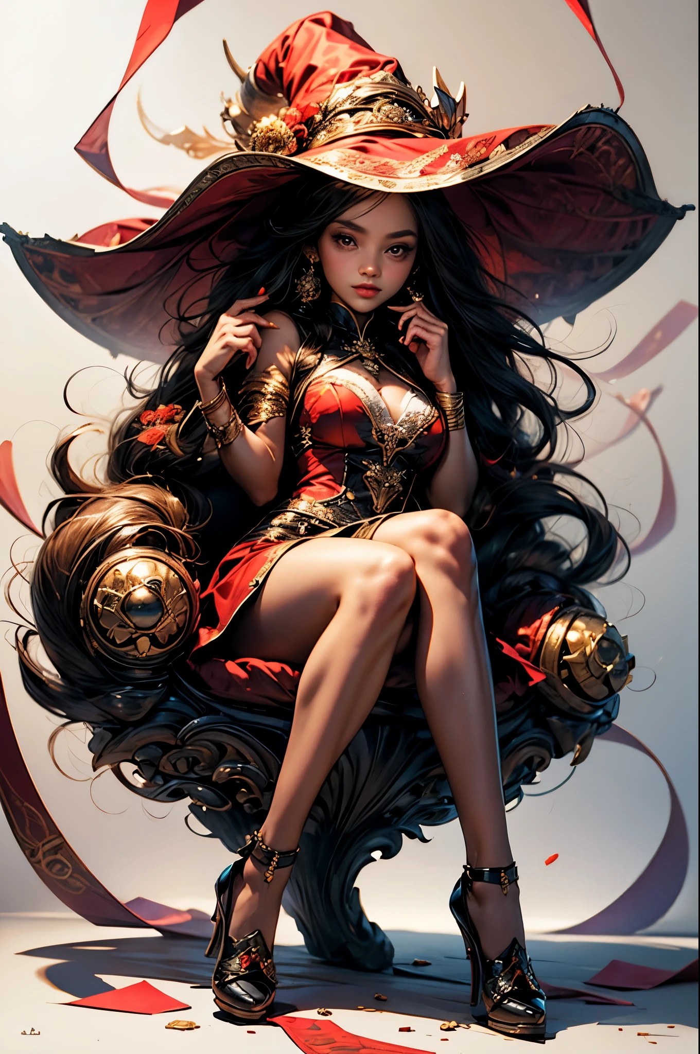 chinese new year,(red background:1.2), (wide shot:0.95), (full body), Dynamicangle, lishalp,,full body,day,Absurdres,highres,ultradetailed,(1girl_1.3),holding,gloves,solo,(big long legs:1.5),charming,indoors,sitting,purple witch hat,library,(black silk:1.3),crossed legs, [(white background:1.5)::5], wechatredenvelope