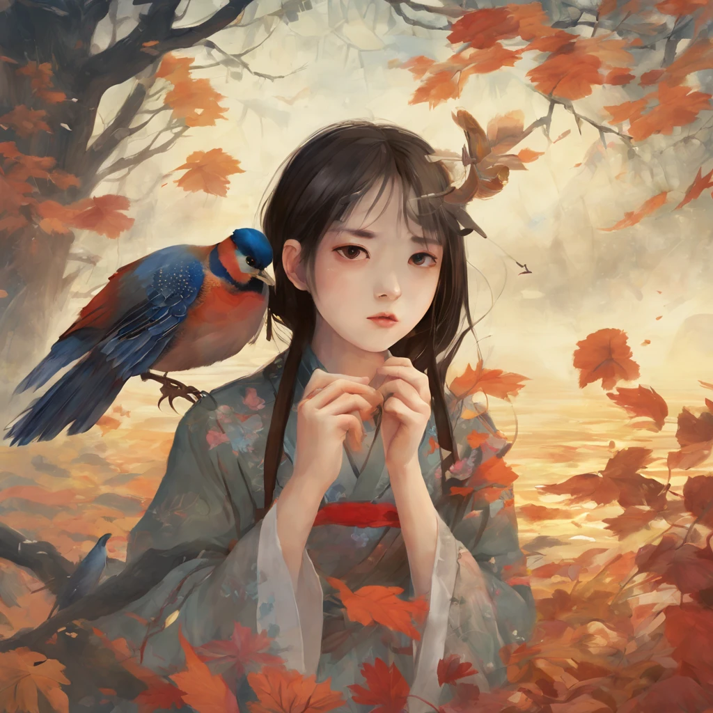 super fine illustration, highest quality, theme: "The sadness of adults who have forgotten how to cry" A work based on Kiji's tanka; A beautiful girl wearing a costume inspired by a pheasant, Capturing the emotional essence of tanka; Calm atmosphere, The shadows of adults surrounding the girl, convey a feeling of melancholy; A girl's silent expression replaces tears, Create mind-blowing and evocative visual expressions.