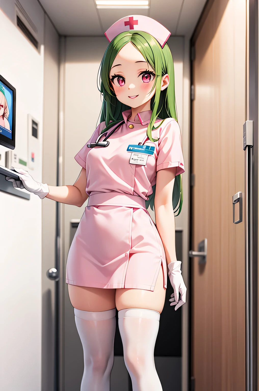 1 female, alone, nurse, nurse cap, Whiteware, ((white legwear, zettai ryouiki)), white gloves, amount, long hair, green hair, pink eyes, pink lips, smile, Are standing, ((hospital room)), sharp outline, short sleeve, mature woman, 35 years old, highest quality, masterpiece