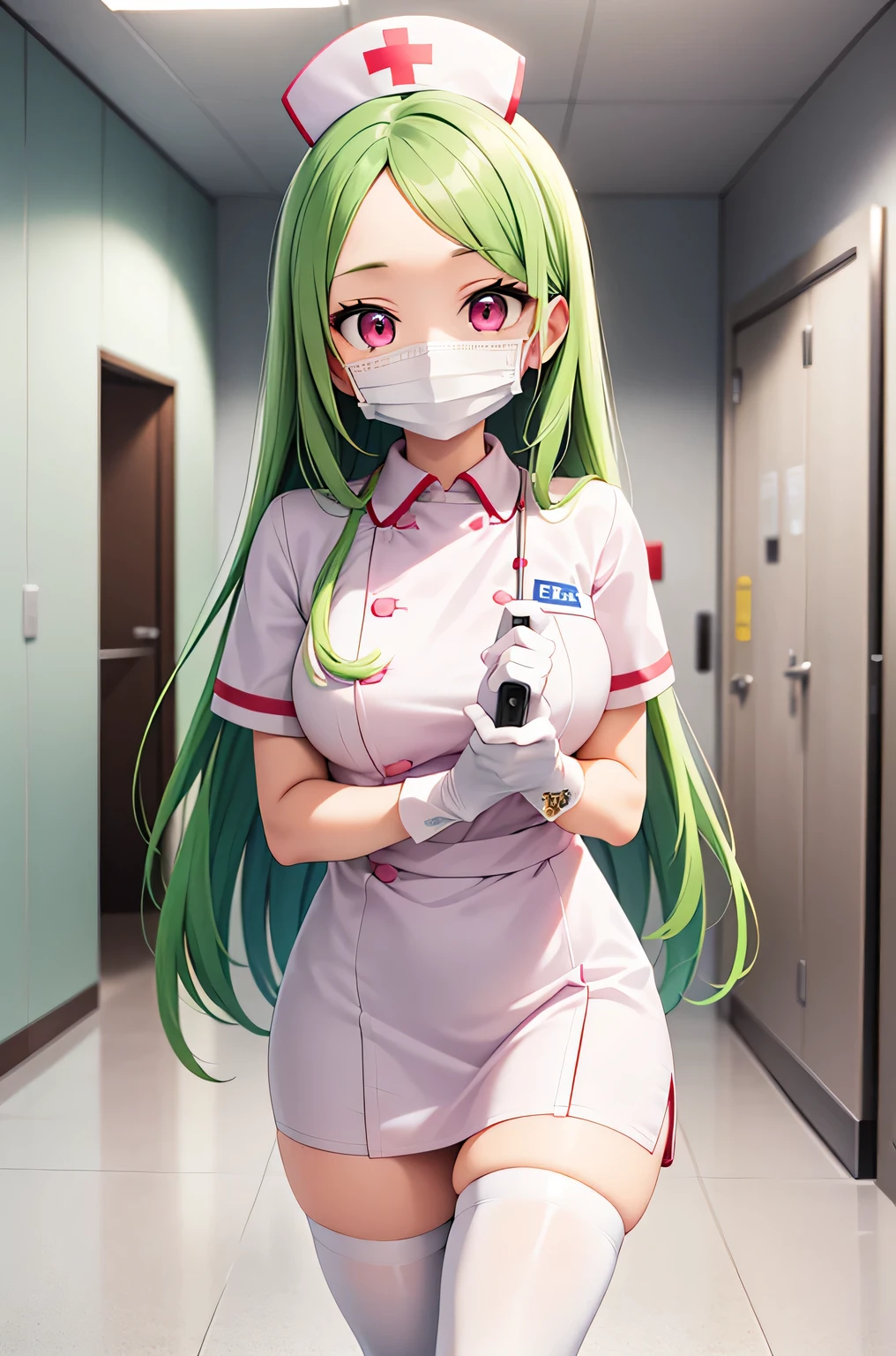 1 female, alone, nurse, nurse cap, Whiteware, ((white legwear, zettai ryouiki)), white gloves, amount, long hair, green hair, pink eyes, ((White surgical mask, Covered nose)), Are standing, ((hospital room)), sharp outline, short sleeve, mature woman, 35 years old, highest quality, masterpiece