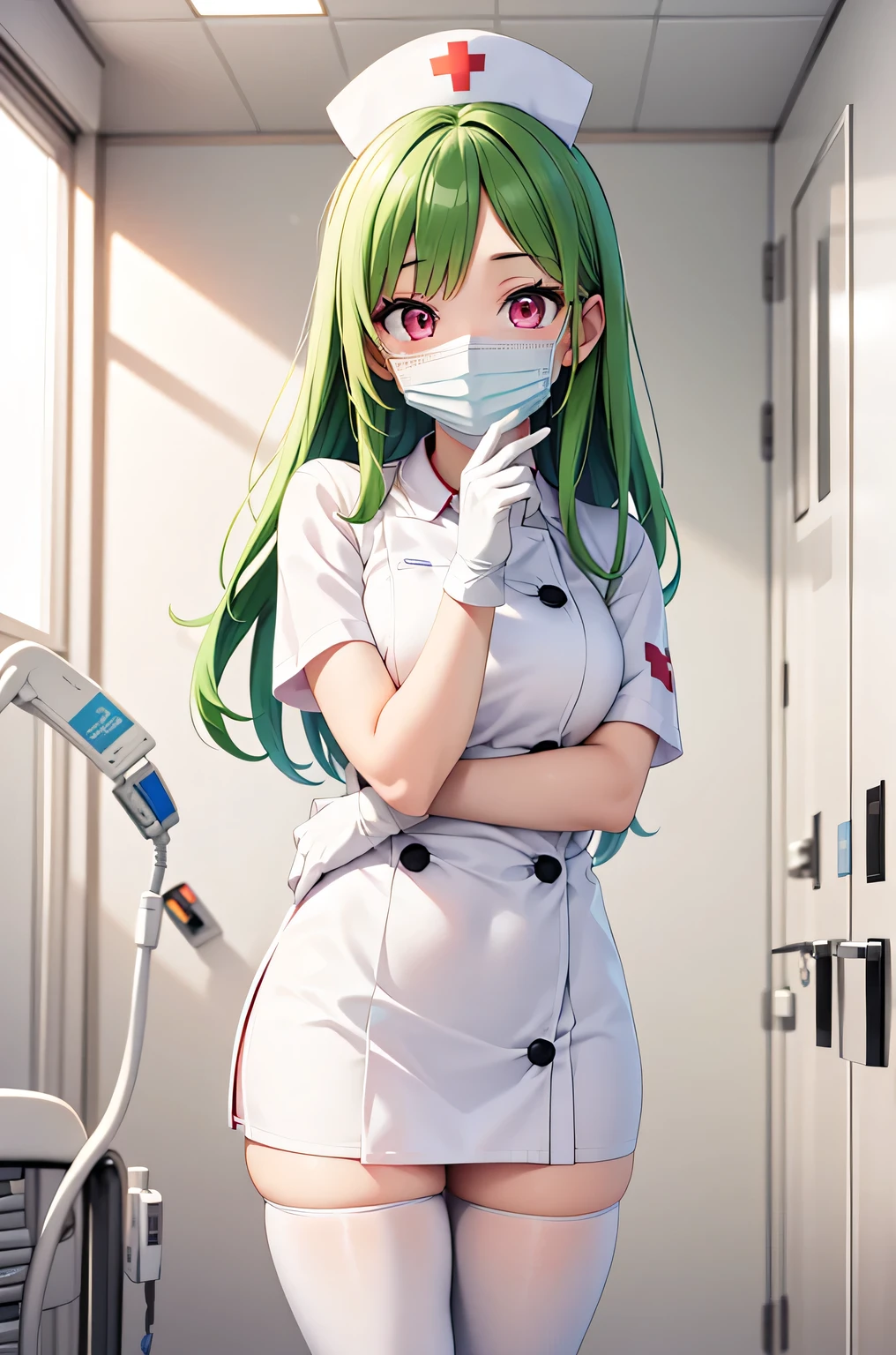 1 female, alone, nurse, nurse cap, Whiteware, ((white legwear, zettai ryouiki)), white gloves, amount, long hair, green hair, pink eyes, ((White surgical mask, Covered nose)), Are standing, ((hospital room)), sharp outline, short sleeve, mature woman, 35 years old, highest quality, masterpiece