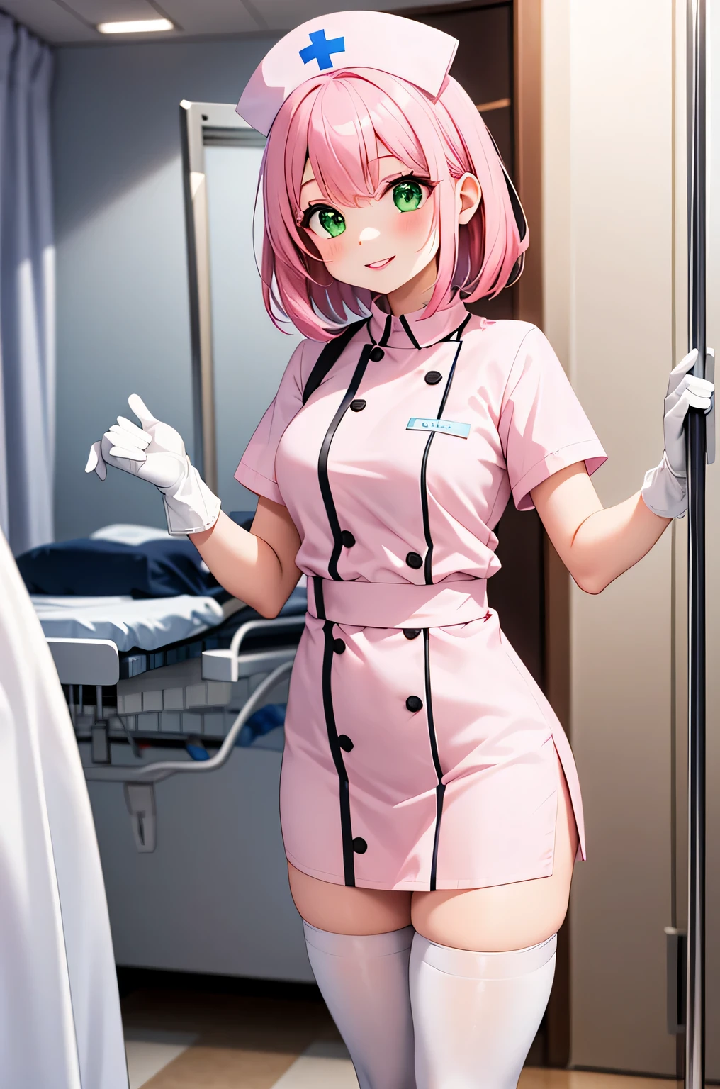 1 female, alone, nurse, nurse cap, Whiteware, ((white legwear, zettai ryouiki)), white gloves, pink hair, green eyes, droopy eyes, pink lips, smile, Are standing, ((hospital room)), sharp outline, short sleeve, mature woman, 32 years old, highest quality, masterpiece