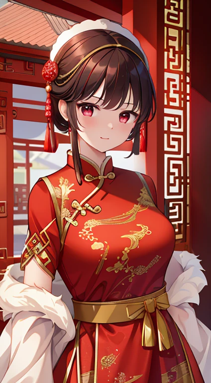(8k, RAW photo, best quality, masterpiece: 1.2), (realistic, realistic: 1.37), 1 girl, Aalfi woman posing in red dress and headdress, gorgeous cosplay, beautiful costume, traditional Chinese bridal dress, complex dress, complex costume, traditional beauty, gorgeous Chinese model, Chinese costume, inspired by Lanying, wearing gorgeous costume, inspired by Puhua, wearing elegant Chinese Xiuhe dress, Chinese wedding dress, phoenix crown xia, antique bride, xiuhe dress , close-up, close-up, smile, complex dragon and phoenix patterns