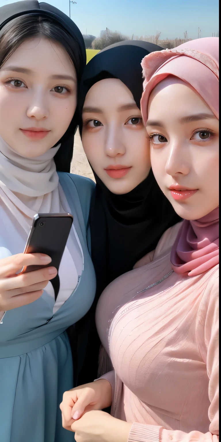 masutepiece, Best Quality, Illustration, Highly detailed, fine detail, high resolution, 8K Wallpaper, Perfect dynamic composition, Many people, nude hijab, (three girls holding large smartphones), three Girls holding smartphone cameras, Beautiful eyes detail , Natural Lips, three girls in Hijab, Muslim dress, luxurious jubba thobbe, full body photo, blue sky view, Girl holding smartphone camera, show your big breasts, person wearing hijab, three girls holding smartphone camera big