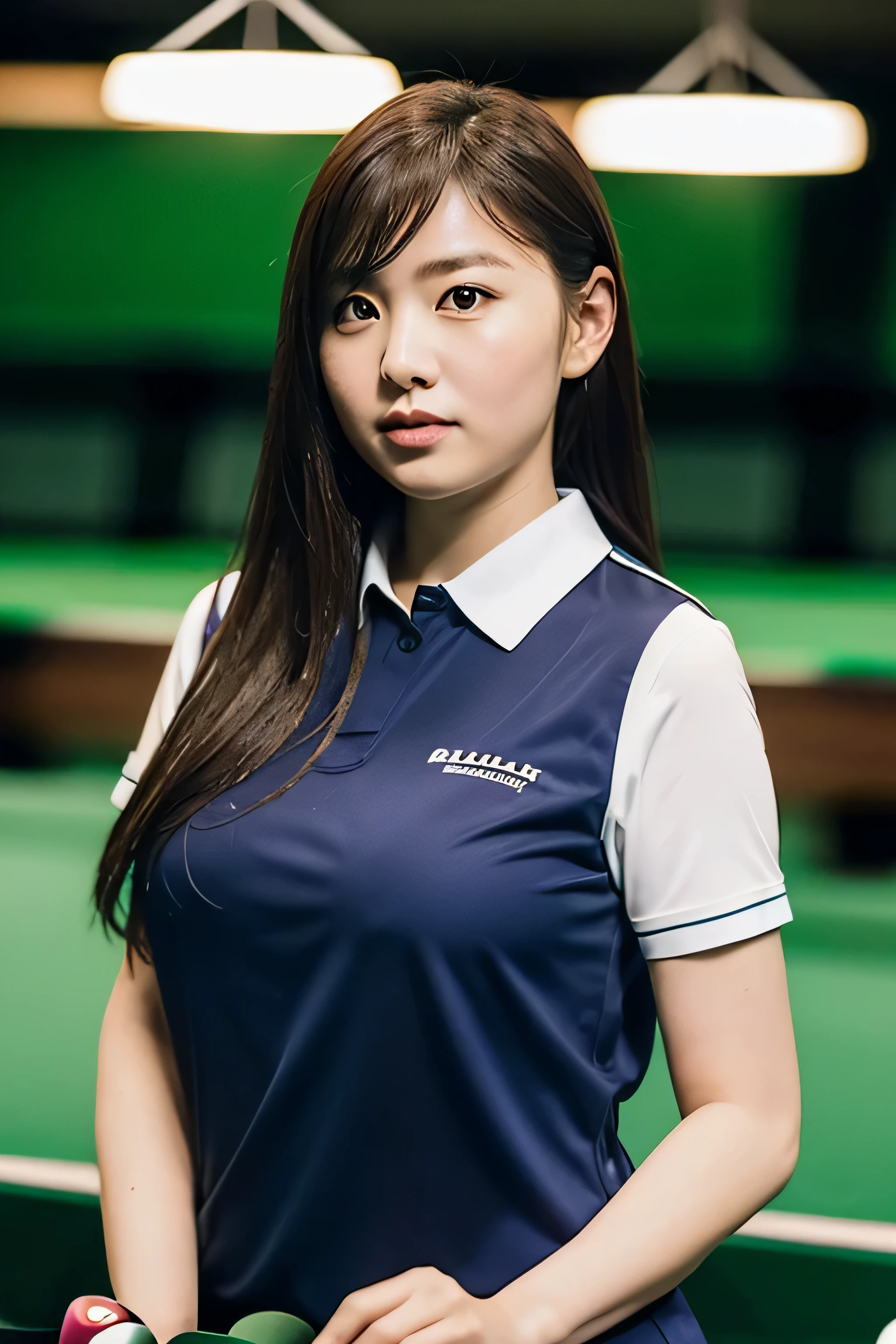 woman posing for a photo,(billiards_uniform:1.3), good hand,4K, High resolution, masterpiece, highest quality, head:1.3,((hasselblad photography)), fine skin, sharp focus, (cinematic lighting),1 female breast, Overweight, extremely fat, Chubby, Japanese, clavicle, night, soft lighting, dynamic angle, [:(detailed face:1.2):0.2],(((Inside the billiards field))), outside,