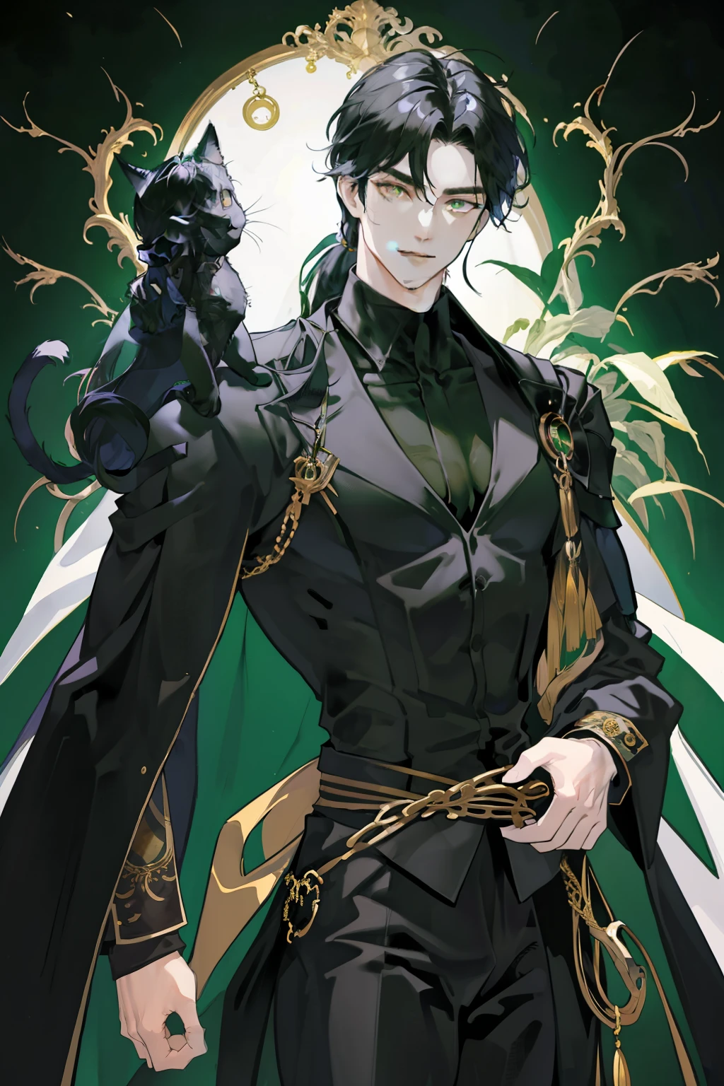 masterpiece、need、1 male、AS-Adult、milf、tall muscular man、dark theme、vampire、golden eyes,black hair color hair,gentle,(upper part of body),Dark green clothes,European classical dress,Smile,courteous,solidcolor,On the shoulder stood a black cat,Thick eyebrows,long hair,Low ponytail