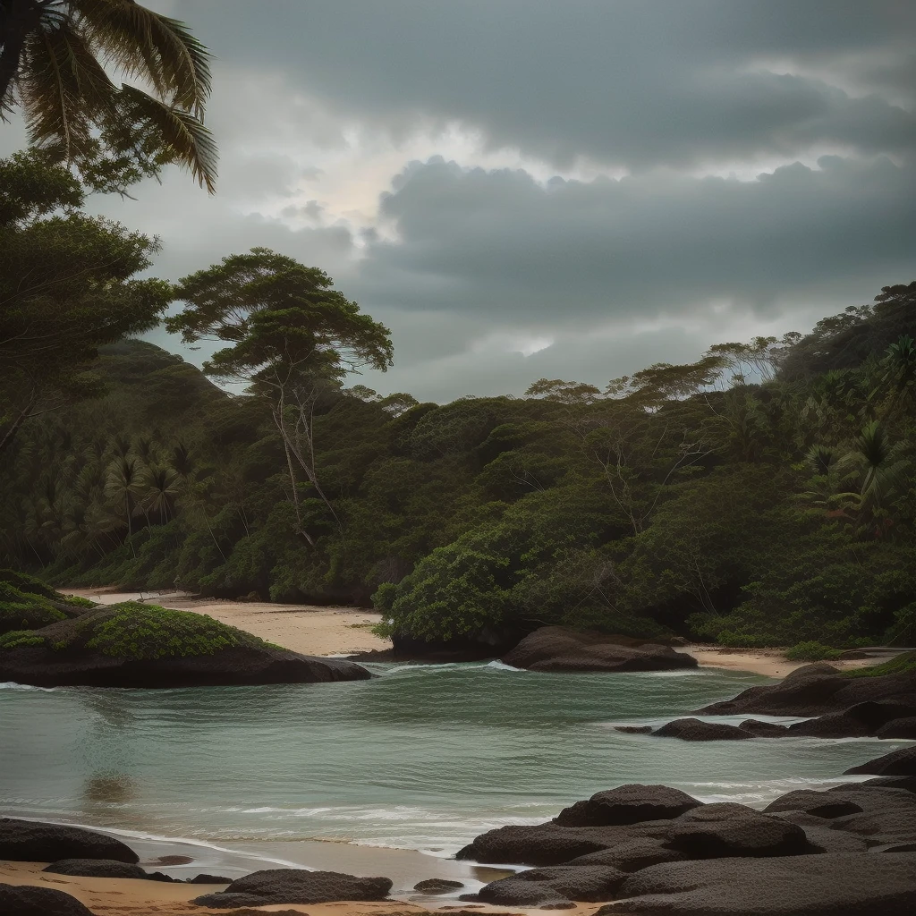there is a lonely palm tree on the beach near the water, Monsoon on a tropical island, Malika Favre, tropical location, Beach trees in the background, beautiful dark beach landscape, by Nándor Katona, Jungle in the background, The Lost Beach, Туманные Jungle in the background, at a tropical beach, beach landscape, Capricious environment, Tropical landscape
