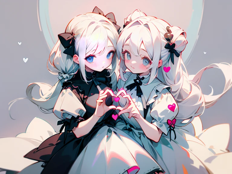 Two girls making a heart with one hand Dress long white hair、Long white hair tied up, above waist, looking at camera, cute background 
