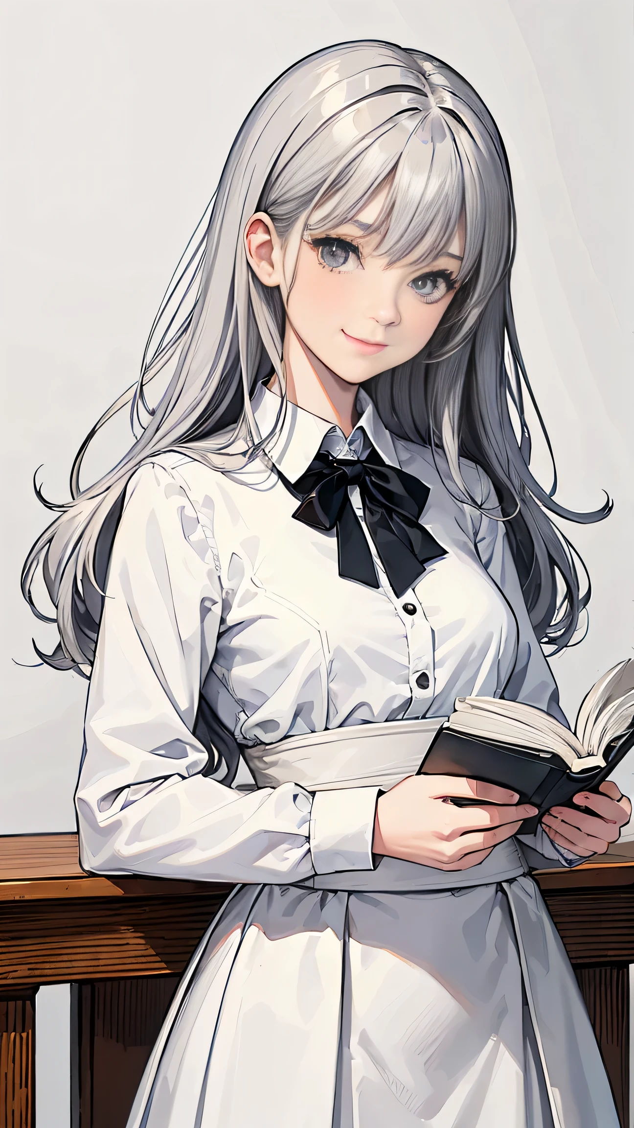 high quality coloring books, white background, no black fillings, portrait, highest quality, super high quality，1 girl, white shirt, gray hair, white tight skirt, white collar, gray hair, small breasts, reading a book, baby face, cute smile, manga, comics, slender body, very beautiful high school girl, study at the table, Upper body