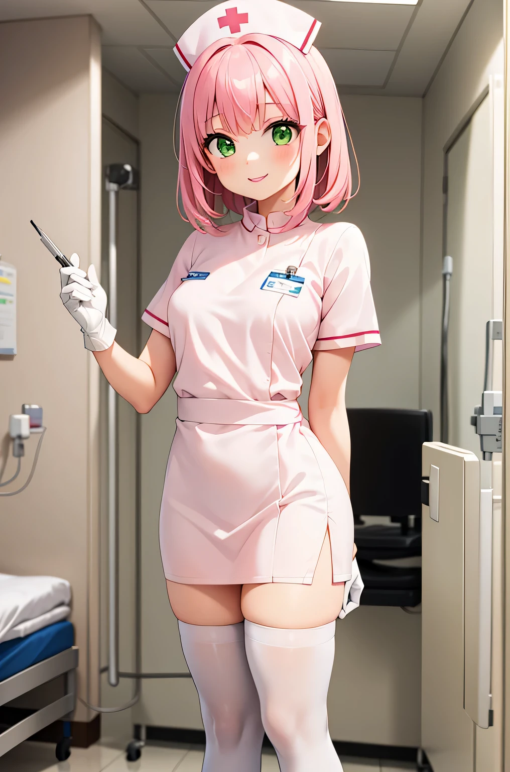 1 female, alone, nurse, nurse cap, Whiteware, ((white legwear, zettai ryouiki)), white gloves, pink hair, green eyes, droopy eyes, pink lips, smile, Are standing, ((hospital room)), sharp outline, short sleeve, mature woman, 32 years old, highest quality, masterpiece