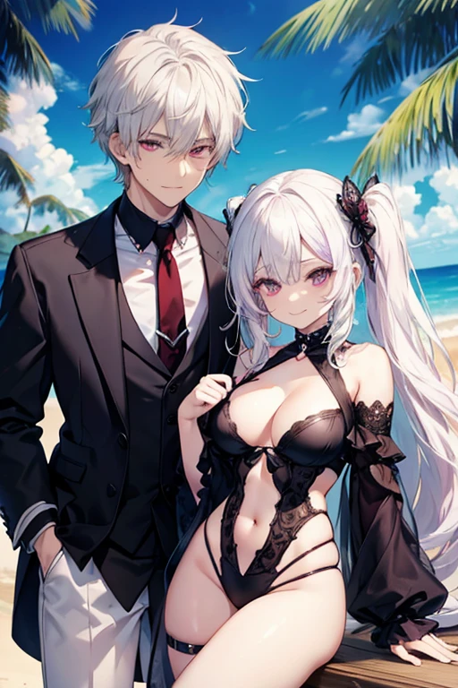 A white haired handsome man with red eyes is eating with a pink haired woman with violet eyes with an hourglass figure on the beach in gothic swimsuits
