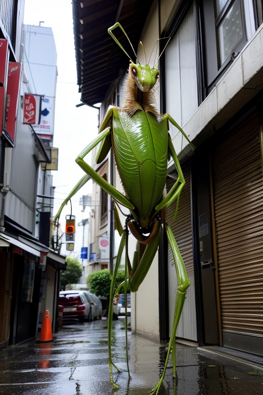 {(surreal pictures)},((highest quality)),((16K)),monster,(A monster with a human head and a praying mantis body) giant mantis,(photo realistic),(wet texture 1.5), residential street,(apper body human),(lower body mantis),predetor,in Tokyo,out side,Human face,demon