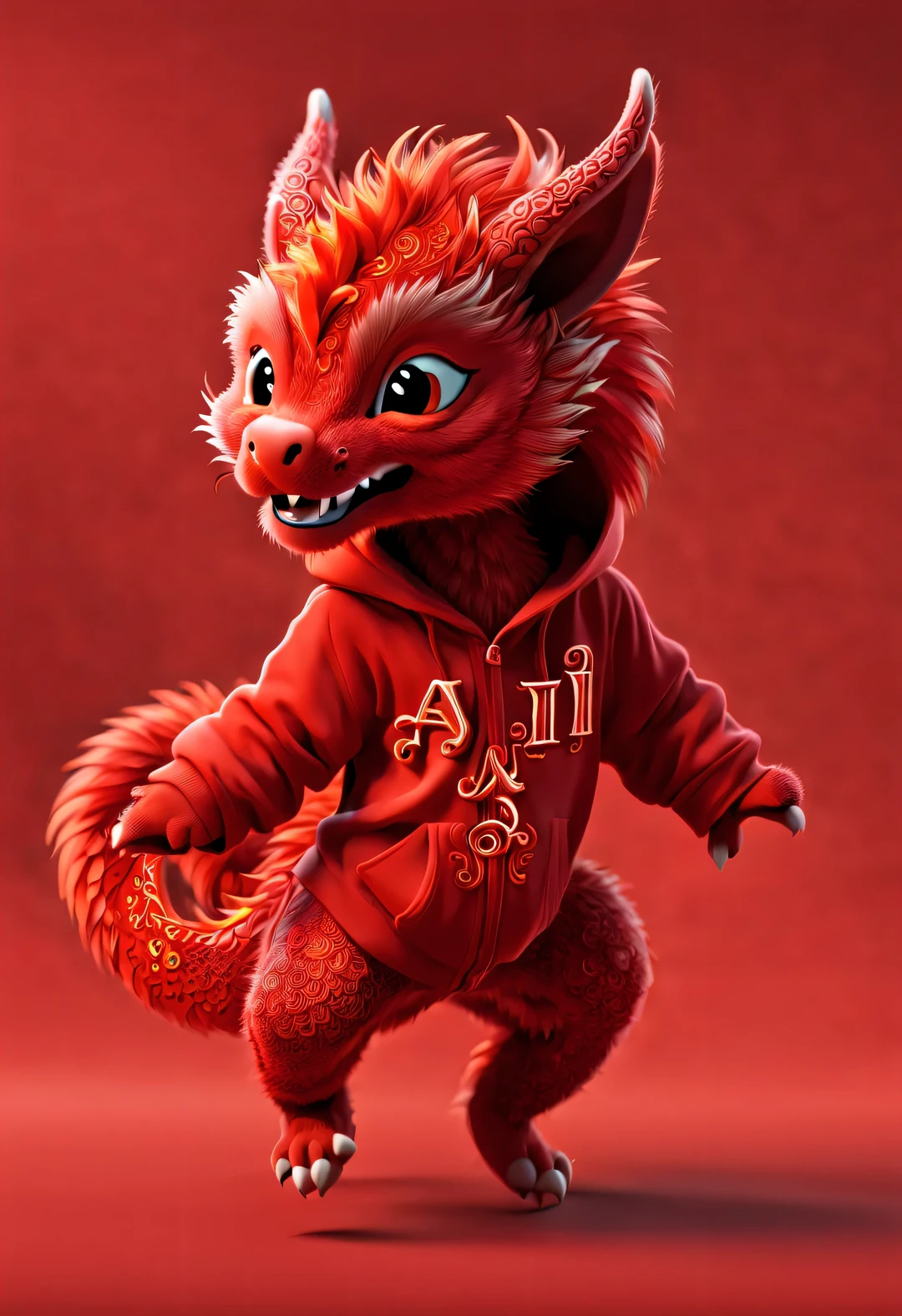 3d rendering, realistic fur, red wallpaper, Simple modern style, beautiful wallpaper, A very slender and naughty red-orange zodiac dragon baby dances mischievously , (frontal portrait), (Tilting her head and looking at the camera cutely), (wearing a hoodie), (letter embroidered hoodie "AI": 1.37),Beijing, 🦑 design,