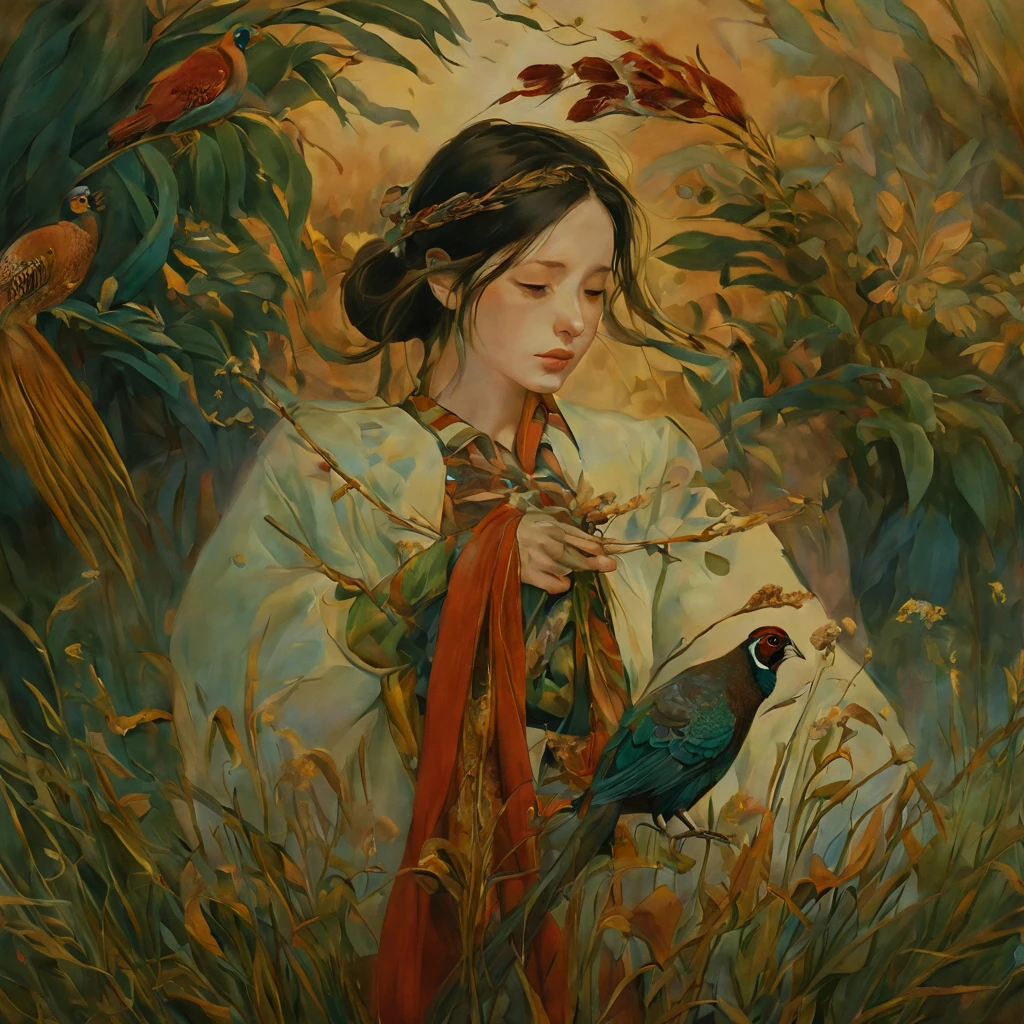 super fine illustration, best quality, theme: "The sorrow of adults who have forgotten to cry" based on a tanka about a pheasant; a beautiful girl adorned in a costume inspired by a pheasant, capturing the essence of the tanka's emotions; a serene atmosphere, shadows of adults surrounding the girl, conveying a sense of melancholy; the girl's silent expression replacing tears, creating a poignant and evocative visual representation.