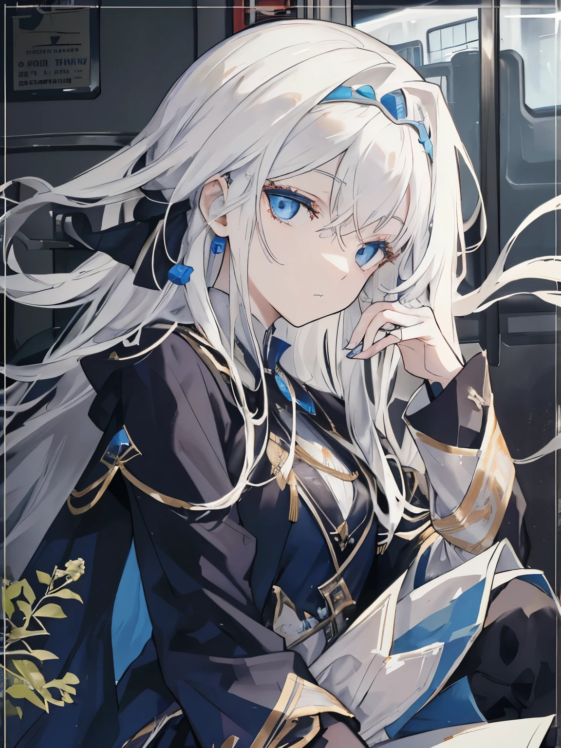 a close up of a person with long hair and a dress, white haired deity, facing front, blue eyes, black jacket, with white shirt, sitting in a train with windows, red seats