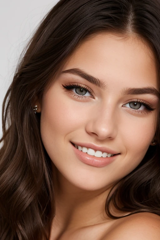 21-year-old glamorous Scandinavian model, ojos detallados, eyelashes, Frente, cabello largo, pelo negro, mirando al espectador, Sonrisa