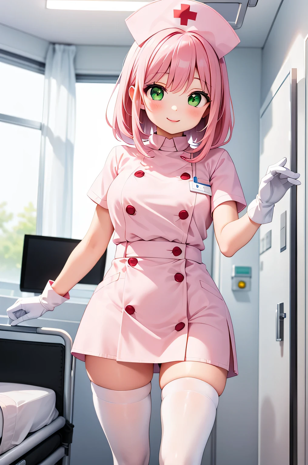 1 female, alone, nurse, nurse cap, Whiteware, ((white legwear, zettai ryouiki)), white gloves, pink hair, green eyes, droopy eyes, pink lips, smile, Are standing, ((hospital room)), sharp outline, short sleeve, mature woman, 32 years old, highest quality, masterpiece