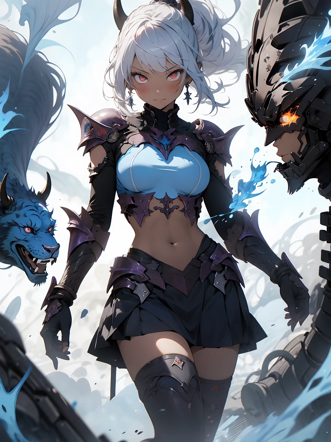 Be realistic,(masterpiece,Highest quality,Highest quality,Very detailed,Fractal Art,Most detailed,(The background is abstract:1.5)(1 Girl),Kamimei,(Rainbow Hair Ponytail),(Glowing red eyes and beautiful iridescent hair、Big Breasts,Toned Abs),Abyss Stick、crystallization,bikini、High Leg,sexy,Rainbow Mechanical Armor、Devil horns、Berserk、mini skirt