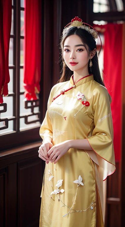 
(8k, RAW photos, best quality, masterpiece: 1.2), (realistic, realistic: 1.37), 1 girl, Chinese woman posing in red dress and headdress, beautiful cosplay, beautiful costume, traditional Chinese wedding dress, elaborate dress, costume elaborate , traditional beauty, beautiful Chinese model, Chinese costume, wearing beautiful costumes, wearing an elegant Chinese Xiuhe dress, Chinese wedding dress, phoenix xia crown, antique bride, xiuhe dress , close-up, close-up , smile, dragon pattern and complicated phoenix