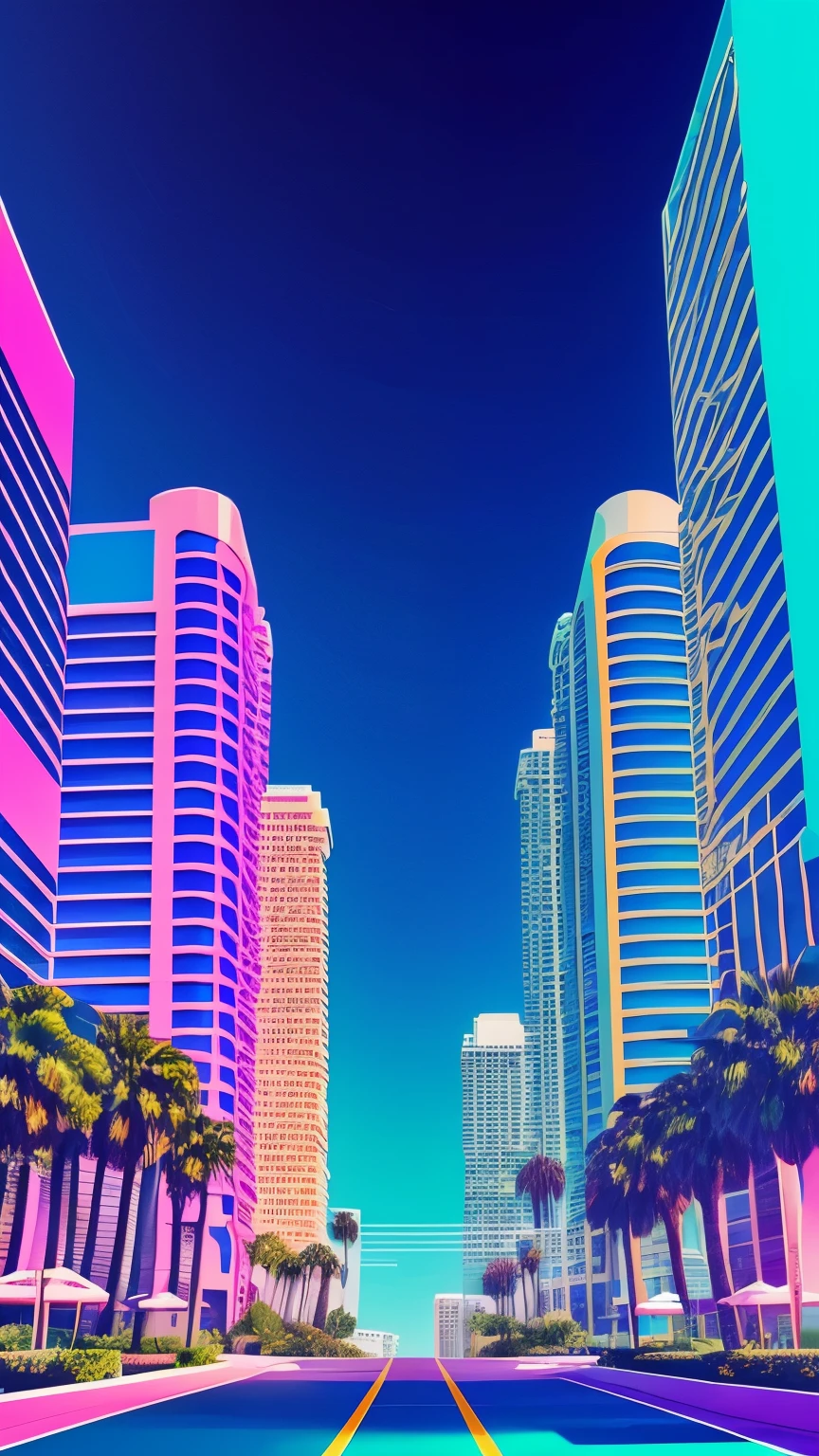 (abstrato) (vaporwave) (synthwave) (San Diego downtown) (palms) geometrical forms, futurismo, surreal, paisagem, distopia