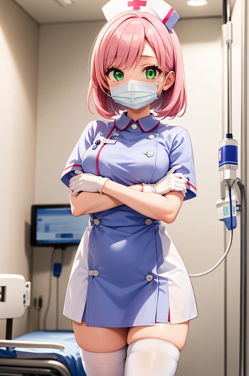 1 female, alone, nurse, nurse cap, Whiteware, ((white legwear, zettai ryouiki)), white gloves, pink hair, green eyes, droopy eyes, ((White surgical mask, Covered nose)), Are standing, ((hospital room)), sharp outline, short sleeve, mature woman, 32 years old, highest quality, masterpiece