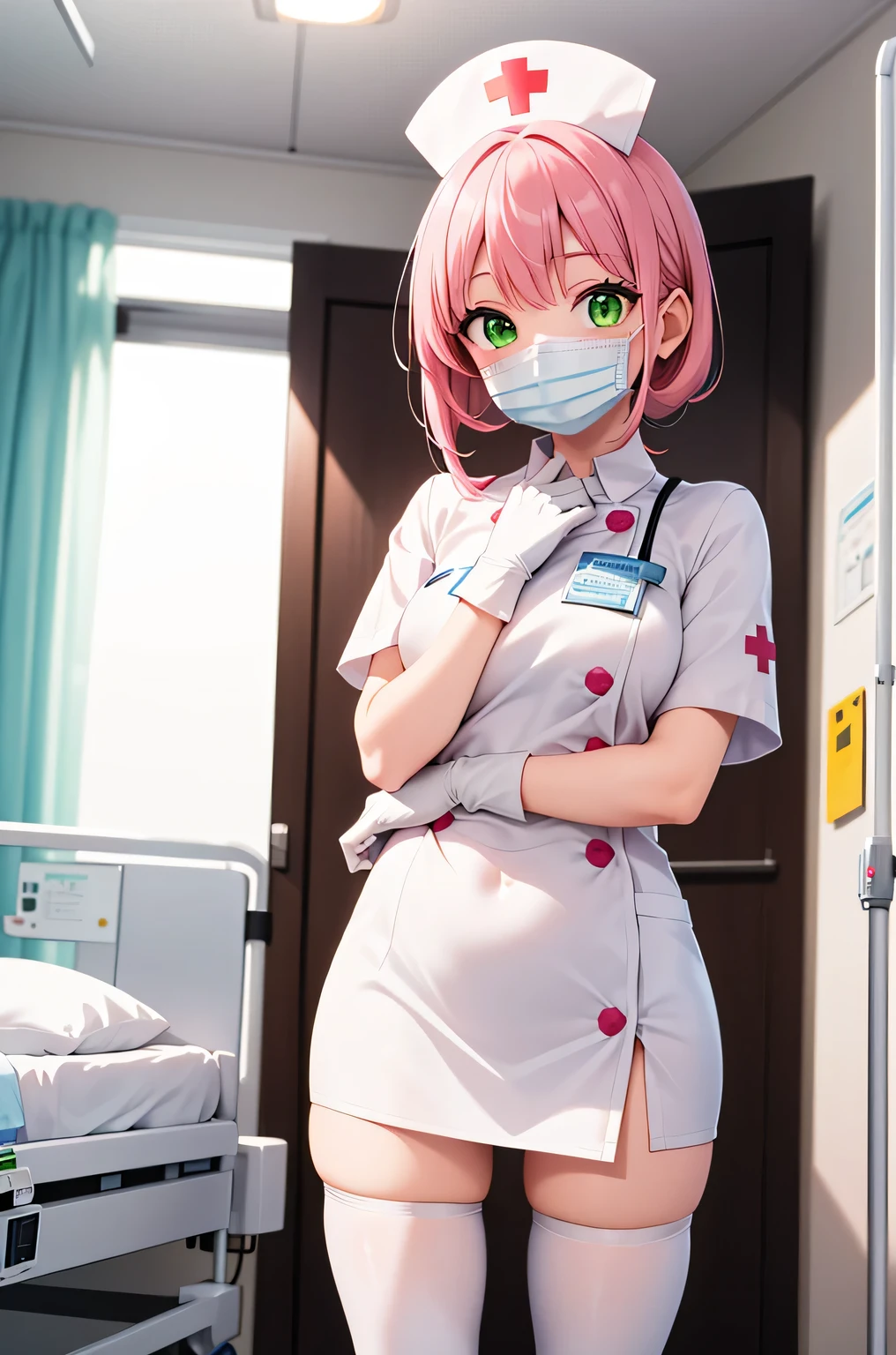 1 female, alone, nurse, nurse cap, Whiteware, ((white legwear, zettai ryouiki)), white gloves, pink hair, green eyes, droopy eyes, ((White surgical mask, Covered nose)), Are standing, ((hospital room)), sharp outline, short sleeve, mature woman, 32 years old, highest quality, masterpiece