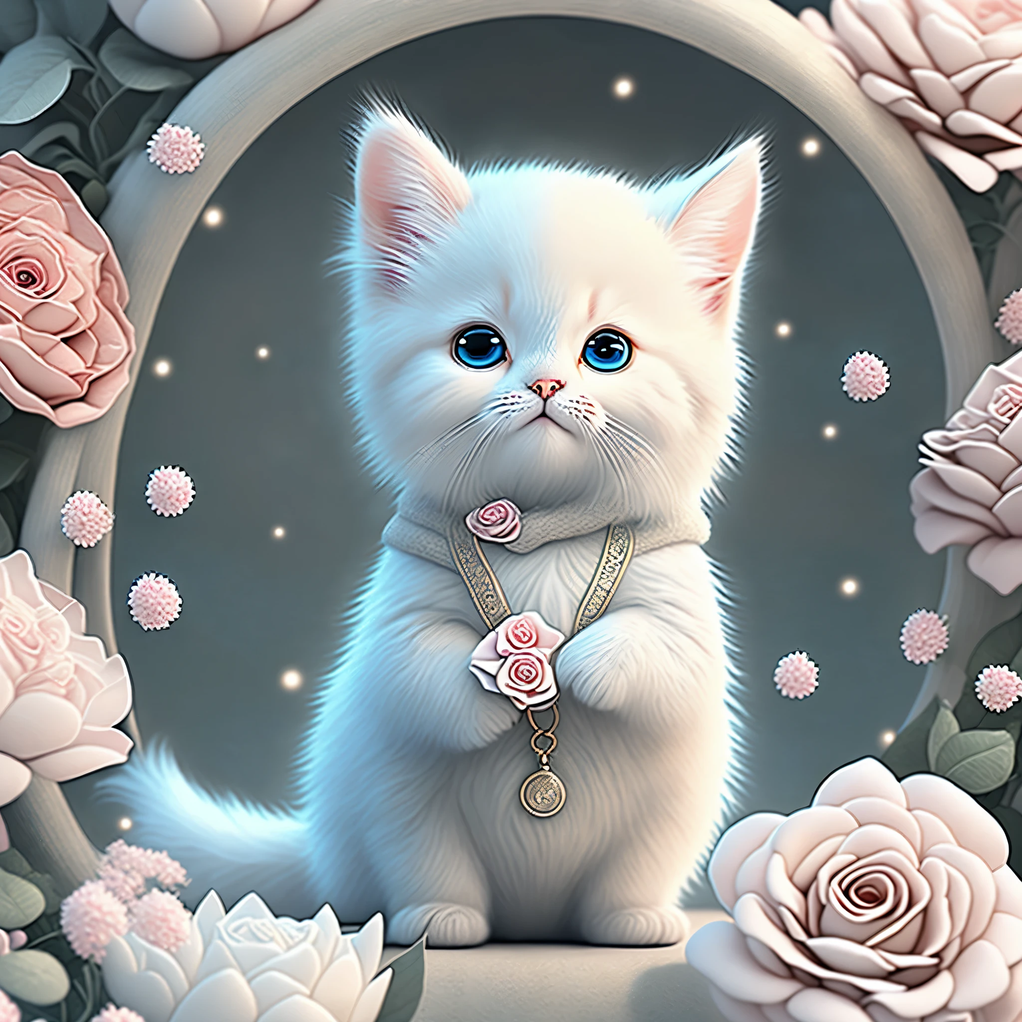 In this ultra-detailed CG art, the adorable kitten surrounded by ethereal roses, best quality, high resolution, intricate details, fantasy, cute animals