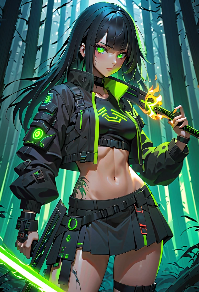 1 girl, solo, long_hair, bangs_between_the_eyes black_hair_with_strands_green, bi_color_ green_neon eyes, sexy_face, sword_in_hand, LEGENDARY_FIRE_ARMS_with_your_hands, cyberpunk_clothes, short_jacket, navel appears, short_skirt, scarred_legs, left_arm_band, tattoo_above_navel_background_of_abandoned_FOREST_red, manga_style_image .