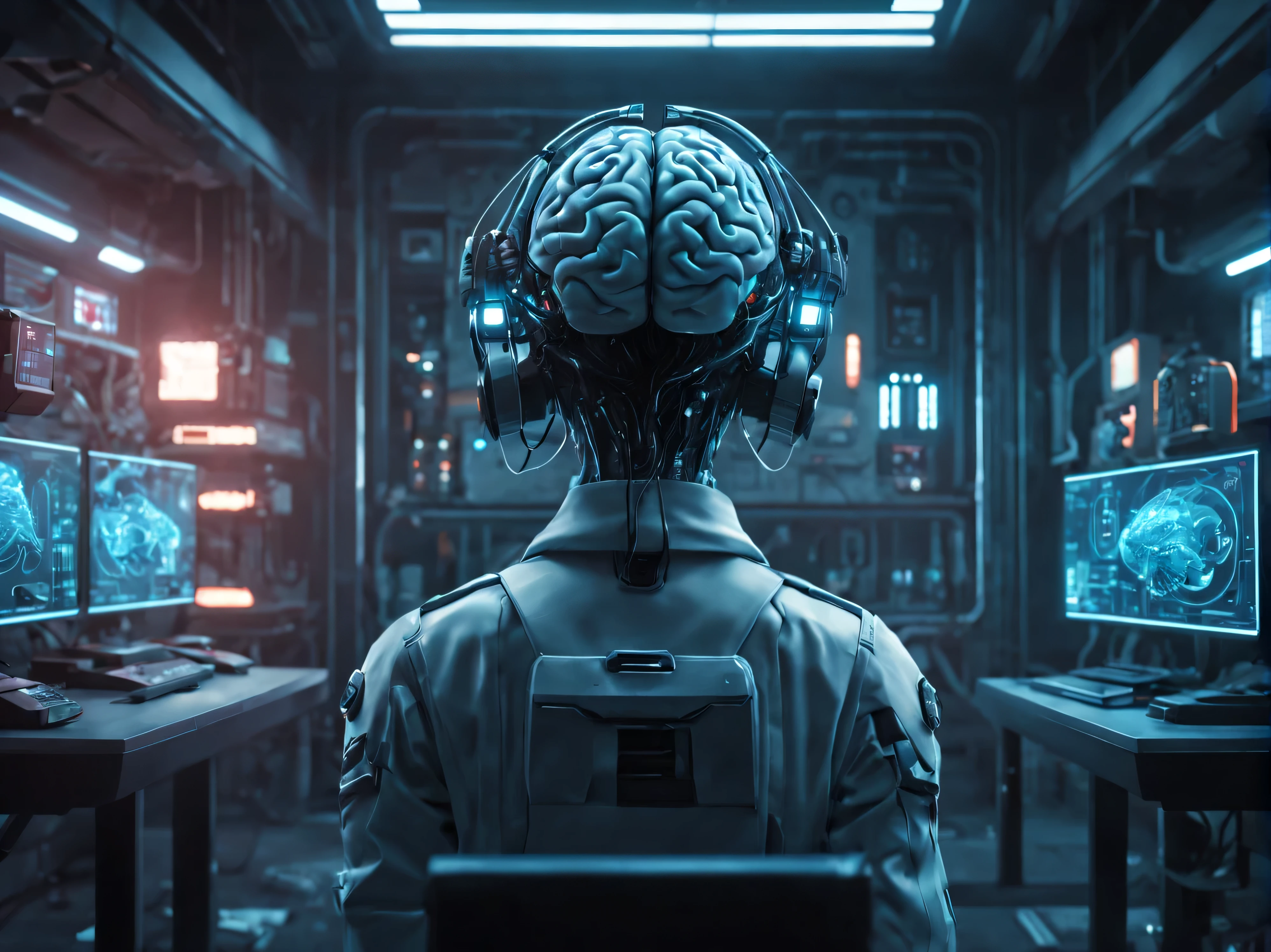 ai military, matte painting of human mind, futuristic scientific laboratory, cyberpunk art ultrarealistic 8k, brain connected to computer, 8 k high detail concept art, future science fiction. game cg, 8k hd concept art, 8 k concept art, 8k concept art