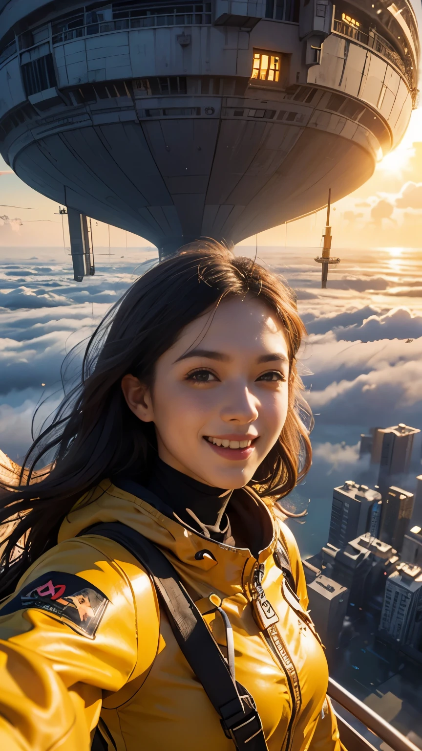 Influencer girl in yellow space suit taking selfie on on floating city, in background show (Best quality,4K,8K,A high resolution,Masterpiece:1.2),Ultra-detailed,(Realistic,Photorealistic,photo-realistic:1.37),Futuristic floating city,Futuristic technology,Huge high-tech tablet platform,Airship,Floating in the sky,Futuristic city,Small airships around,High-tech hemispherical platform, city floating on lots of clouds, city on top of clouds, yellow clouds at bottom, golden orange yellow tones ,sunset, hot weather, girl taking selfie enthusiasm, laughing smiling, girl in yellow spacesuit. capture venus terrains yellow and brown land, dusty environment, wavy messy hair, long hair