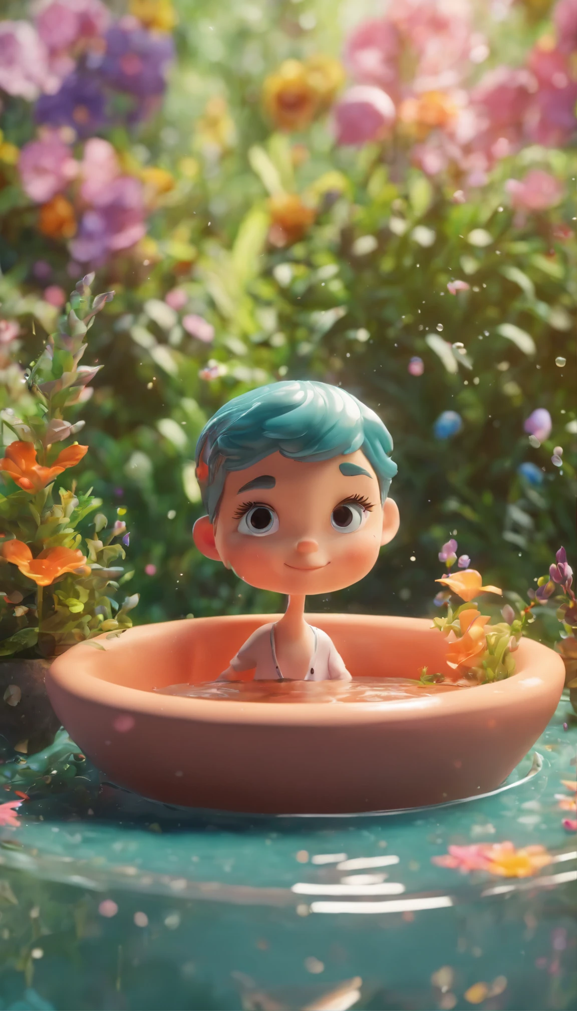 a tiny character floating in a garden tub filled with water, realistic, cinematic colors --v 5.0 --s 750