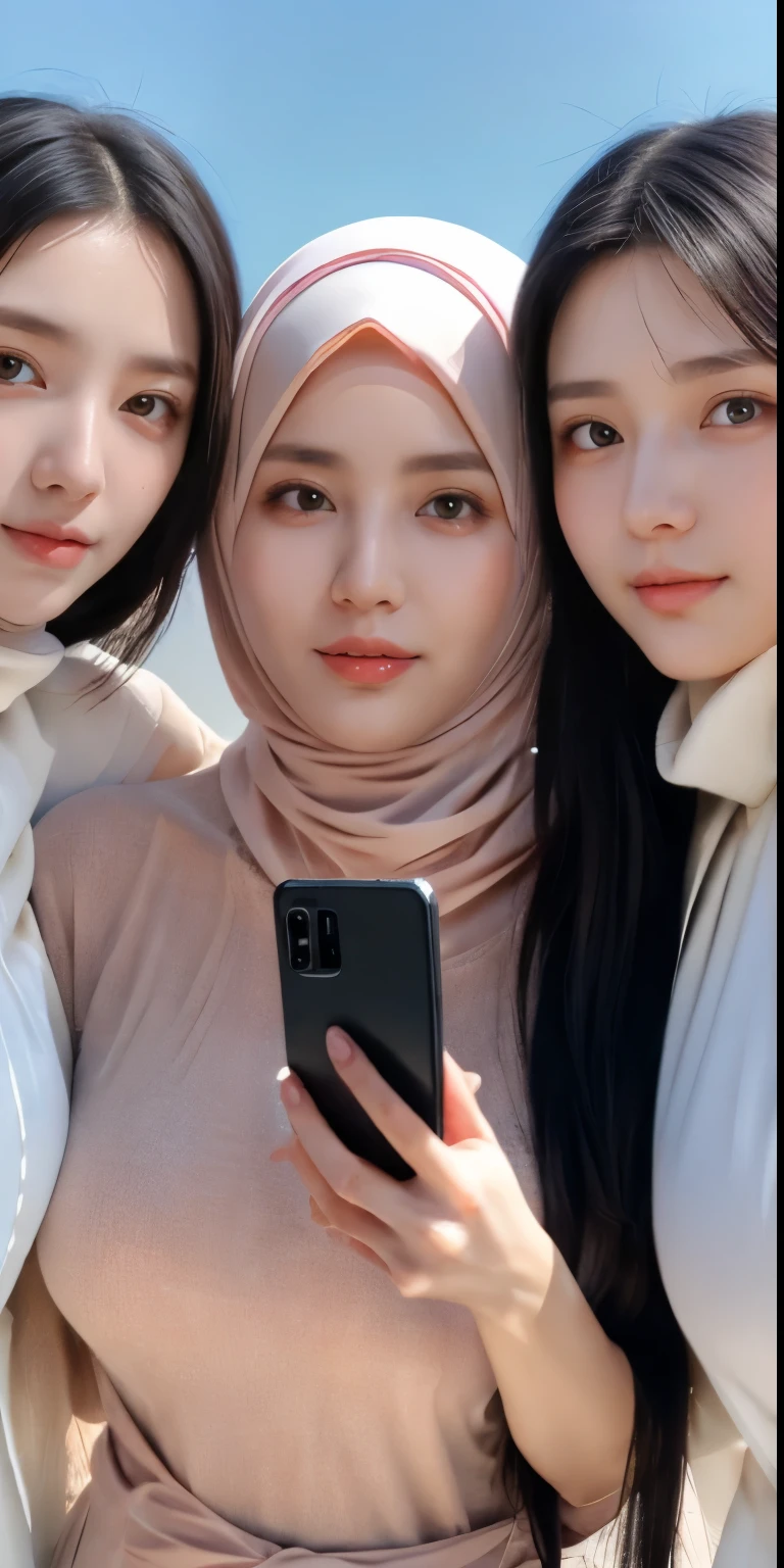 Threesome girls, wear hijabs, ((Best quality, 8k, Masterpiece :1.37), multiple people wear hijab, Big breasts:1.5, (three girl hijabs moslem), Beautiful face, Ultra-HD Face, Face Lighting, Lips laughed lightly, ((Undressing Nude Figure:1.2)), position:Standing, ((Take a photo from below the thigh)), close up photo, (three girls wear hijab muslim), wear hijab muslim, small pussy, hairy pussy:0.4, (small pussy), small pussy, Realistic Vagina:1:6, tall building background, (Blue sky view, :1.1), face very detailed, detailed red lips, detailed eyes, (korean eyes), double eyelids, detailed nose, detailed legs, (threesome girls wear hijab moslem)